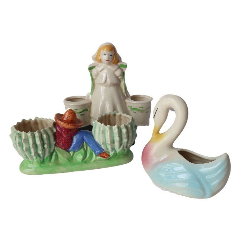 3 Vintage Planters Dutch Girl Swan Mexican Farmer